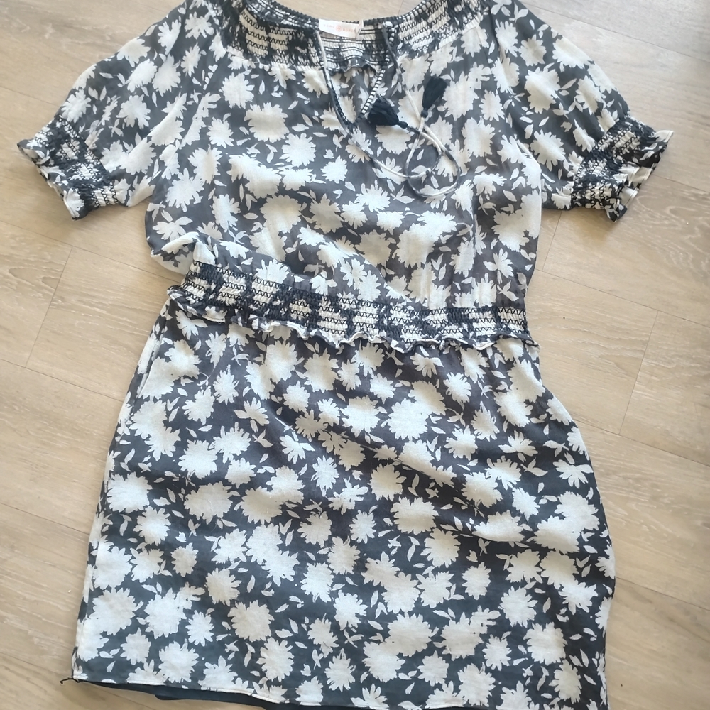 Tory Burch Black & White Floral Smocked Waist Mini Dress